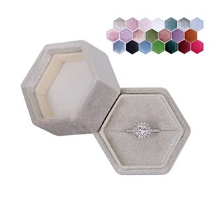 hexagon velvet jewelry single slot ring box engagement wedding box keepsake box bridal photo ring (beige)