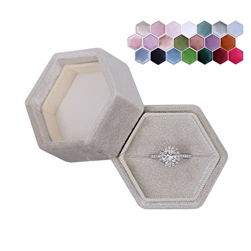 Hexagon Velvet Jewelry Single Slot Ring Box Engagement Wedding Box Keepsake Box Bridal Photo Ring (Beige)