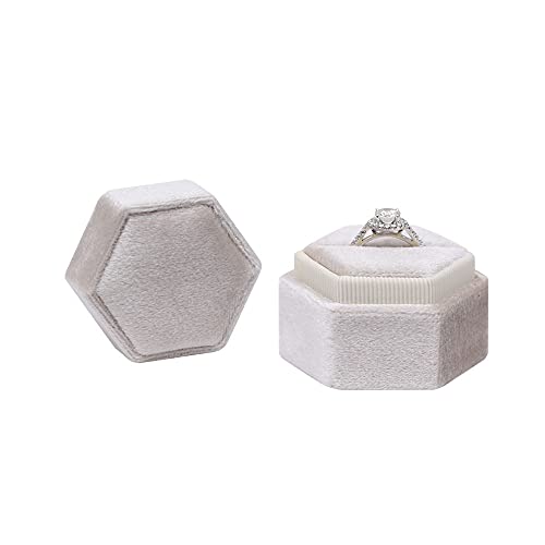 Hexagon Velvet Jewelry Single Slot Ring Box Engagement Wedding Box Keepsake Box Bridal Photo Ring (Beige)
