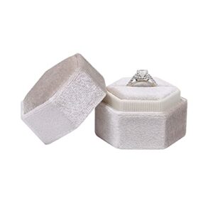 Hexagon Velvet Jewelry Single Slot Ring Box Engagement Wedding Box Keepsake Box Bridal Photo Ring (Beige)