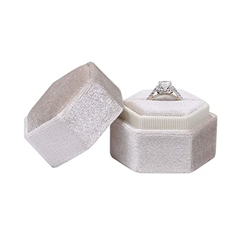 Hexagon Velvet Jewelry Single Slot Ring Box Engagement Wedding Box Keepsake Box Bridal Photo Ring (Beige)