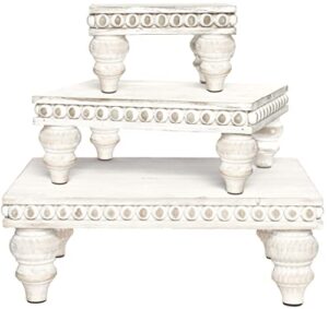 farmhouse tiered tray decor by felt creative home goods – shabby chic vintage wood risers for coffee bar, bathroom, kitchen island. includes three decorative beaded pedestals (set of 3, rustic white)