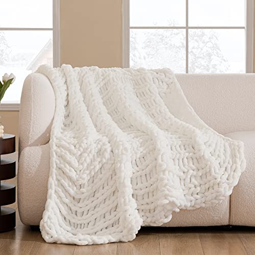 HBlife Chunky Knit Throw Blanket 40X40 Inches, Super Warm Soft Chenille Yarn Cable Knitted Blankets and Throws Boho Giant Cozy Thick Crochet Blanket for Sofa Bed Couch, White