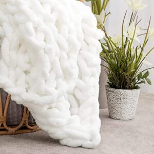 HBlife Chunky Knit Throw Blanket 40X40 Inches, Super Warm Soft Chenille Yarn Cable Knitted Blankets and Throws Boho Giant Cozy Thick Crochet Blanket for Sofa Bed Couch, White