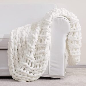 HBlife Chunky Knit Throw Blanket 40X40 Inches, Super Warm Soft Chenille Yarn Cable Knitted Blankets and Throws Boho Giant Cozy Thick Crochet Blanket for Sofa Bed Couch, White