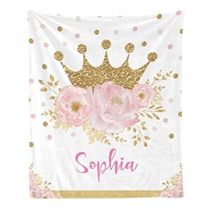 custom blanket personalized blush floral gold soft fleece throw blanket with name for gifts sofa bed (50 x 60 inches)