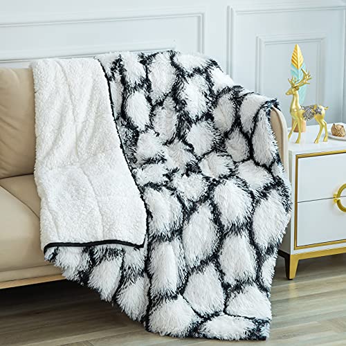 Kivik Shaggy Faux Fur Weighted Blanket 15 Pounds, Moroccan Print Long Fur Fluffy Heavy Throw Blanket for Adult,Plush Warm Thick Sherpa Furry Bed Blanket Gifts,Cream 48x72 Inches