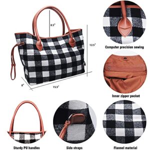 Buffalo Plaid Women Tote Purse - Oversized Soft Flannel Checked Weekender Overnight Handbag (White & Black)