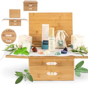 energy mindfulness altar starter kit with altar cloth, sage spray, 2 soy wax candles, 7 chakra healing crystals – bamboo wooden box with fold-out table top & drawers with quartz crystal handles