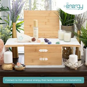 Energy Mindfulness Altar Starter Kit with Altar Cloth, Sage Spray, 2 Soy Wax Candles, 7 Chakra Healing Crystals - Bamboo Wooden Box with Fold-Out Table Top & Drawers with Quartz Crystal Handles