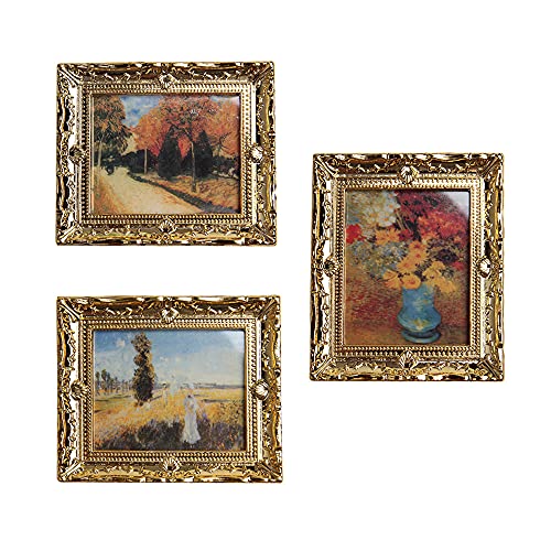 Acxico 3Pcs 1:12 Mini Miniature Gold Frame Art Wall Picture Oil Painting Home Decor