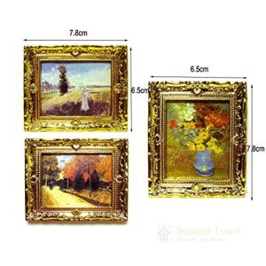 Acxico 3Pcs 1:12 Mini Miniature Gold Frame Art Wall Picture Oil Painting Home Decor