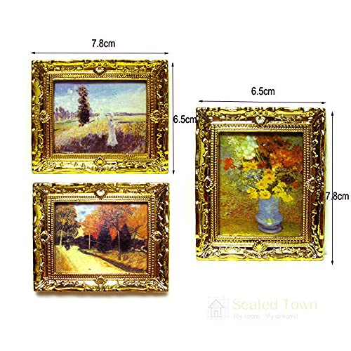 Acxico 3Pcs 1:12 Mini Miniature Gold Frame Art Wall Picture Oil Painting Home Decor