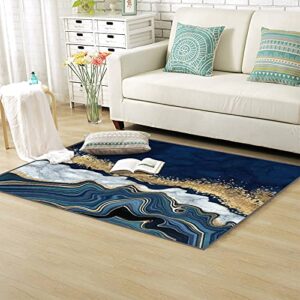 KNSVJBENID Area Runner Rug NonSlip Throw Rugs Abstract Background Blue Agate with Golden Veins White Marble Fake Carpet Patio Door Mat for Living Room Home Decor Multi 3inchx5inch