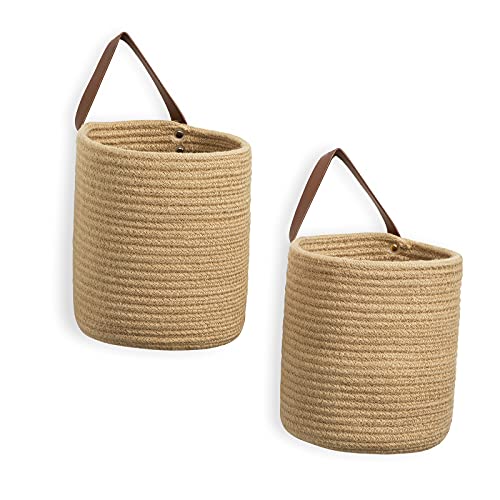 DULLEMELO Small Jute Hanging Baskets 2 Pack 7"(D) x 8"(H), Jute Woven Hanging Storage Basket With Leather Handle, Small Storage Basket for Wall Decor Plants (Jute)