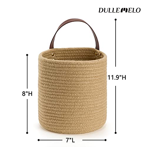 DULLEMELO Small Jute Hanging Baskets 2 Pack 7"(D) x 8"(H), Jute Woven Hanging Storage Basket With Leather Handle, Small Storage Basket for Wall Decor Plants (Jute)