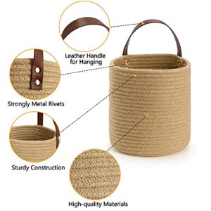 DULLEMELO Small Jute Hanging Baskets 2 Pack 7"(D) x 8"(H), Jute Woven Hanging Storage Basket With Leather Handle, Small Storage Basket for Wall Decor Plants (Jute)