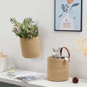 DULLEMELO Small Jute Hanging Baskets 2 Pack 7"(D) x 8"(H), Jute Woven Hanging Storage Basket With Leather Handle, Small Storage Basket for Wall Decor Plants (Jute)