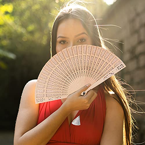 Emsiok 3 PCS Wooden Folding Fan, Vintage Wooden Fan Handheld Folding Fans Sandalwood Hand Fan Wooden Hand Fan Chinese Sandalwood Fan with Tassel for Women Foldable Wedding Favors Baby Shower