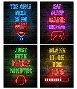 printed neon gaming posters for boys room decor, gaming room decor, boys bedroom decor, gamer decor, inspirational posters for video game room, game room decor, gaming decor for teen, 8” x 10” (unframed)