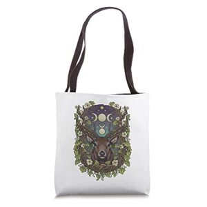 art nouveau cernunnos stag bohemian nature moon phases wicca tote bag
