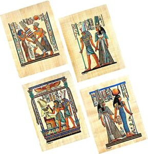 nilecart collection of 4 sheets egyptian papyrus paintings original hand painted papyrus paper ancient egyptian size 13×17 in. handmade in egypt. (egyptian gods & goddesses collection)