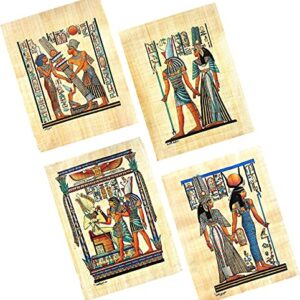 NileCart Collection of 4 sheets Egyptian papyrus paintings Original Hand Painted Papyrus Paper Ancient Egyptian size 13x17 in. handmade in Egypt. (Egyptian gods & goddesses Collection)