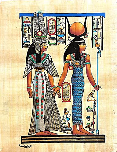 NileCart Collection of 4 sheets Egyptian papyrus paintings Original Hand Painted Papyrus Paper Ancient Egyptian size 13x17 in. handmade in Egypt. (Egyptian gods & goddesses Collection)