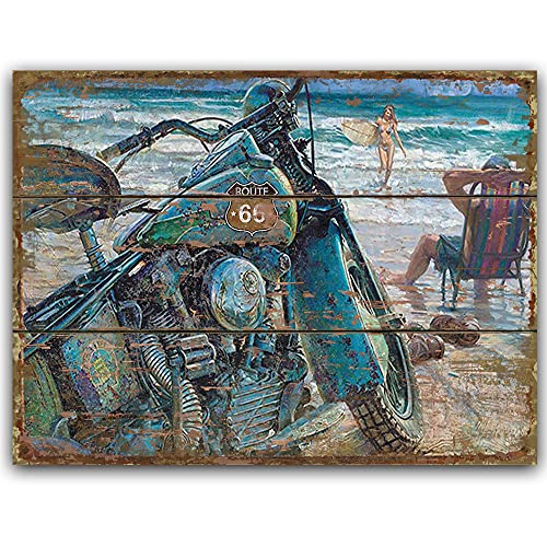 Original Retro Design Beach Beauty Motorcycle Wood Signs Wall Art|Natural Wooden Board Print Poster Wall Decoration For Garage/Room