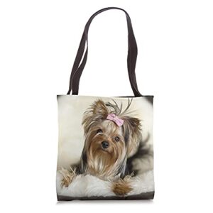 cute yorkie puppy portrait yorkshire terrier dog mom dad tote bag