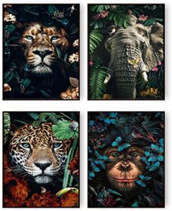 animal prints wall art decor for living room, safari pictures wall decor for bathroom, safari posters for wall with lion, leopard,elephant,gorilla (8″x10″ unframed)