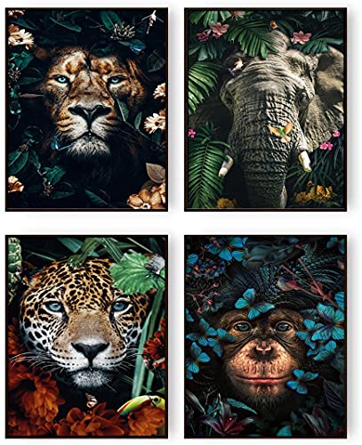 Animal Prints Wall Art Decor for Living Room, Safari Pictures Wall Decor for Bathroom, Safari Posters for Wall with Lion, Leopard,Elephant,Gorilla (8"x10" Unframed)