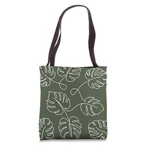 line art monstera leaf botanical tropical plant olive green tote bag