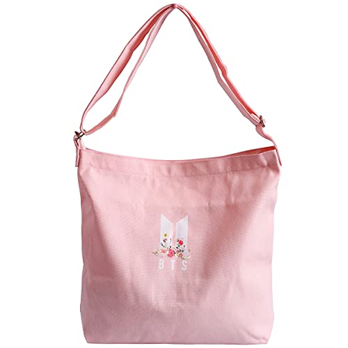 Kpop BTS Merchandise Canvas Shoulder Bag, Hobo Crossbody Handbag Casual Tote for Army Gifts Pink