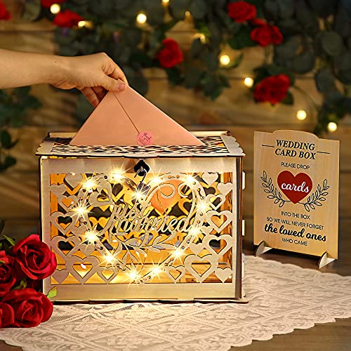 Wedding Card Box, Rustic Wooden Wedding Card Holder with 8 Modes String Light and Lace Table Mat, DIY Envelop Gift Money Card Container with Lock for Reception Decoration, Just Married (Wood Color)