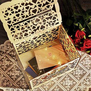 Wedding Card Box, Rustic Wooden Wedding Card Holder with 8 Modes String Light and Lace Table Mat, DIY Envelop Gift Money Card Container with Lock for Reception Decoration, Just Married (Wood Color)