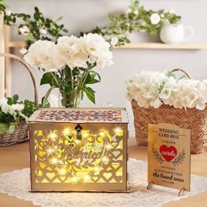 Wedding Card Box, Rustic Wooden Wedding Card Holder with 8 Modes String Light and Lace Table Mat, DIY Envelop Gift Money Card Container with Lock for Reception Decoration, Just Married (Wood Color)