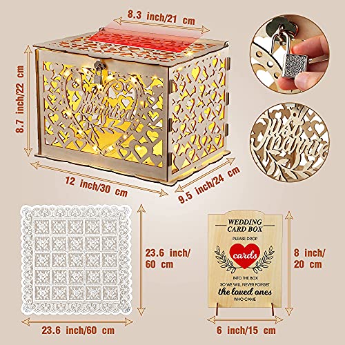 Wedding Card Box, Rustic Wooden Wedding Card Holder with 8 Modes String Light and Lace Table Mat, DIY Envelop Gift Money Card Container with Lock for Reception Decoration, Just Married (Wood Color)