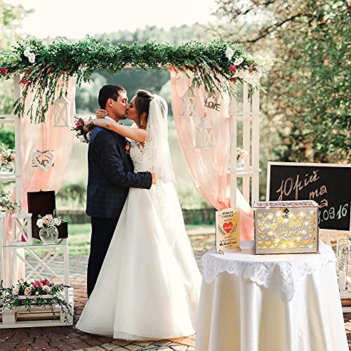 Wedding Card Box, Rustic Wooden Wedding Card Holder with 8 Modes String Light and Lace Table Mat, DIY Envelop Gift Money Card Container with Lock for Reception Decoration, Just Married (Wood Color)