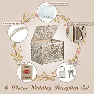 Wedding Card Box, Rustic Wooden Wedding Card Holder with 8 Modes String Light and Lace Table Mat, DIY Envelop Gift Money Card Container with Lock for Reception Decoration, Just Married (Wood Color)