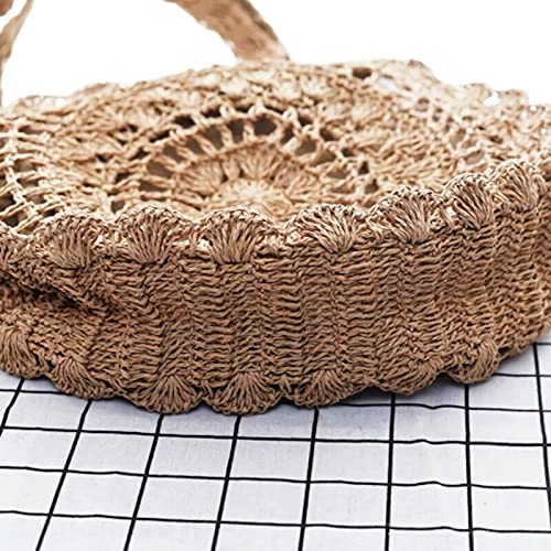 GK-O Lady Straw Tote Bags Round Handbag Crochet Wicker Rattan Boho Woven Beach Summer (Light brown)