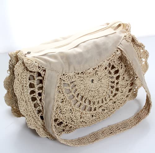 GK-O Lady Straw Tote Bags Round Handbag Crochet Wicker Rattan Boho Woven Beach Summer (Light brown)