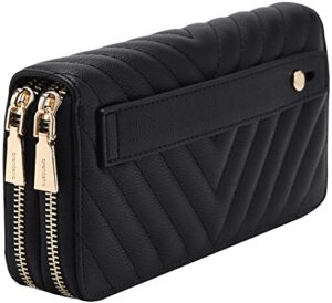 b brentano vegan leather double zipper pocket wallet with grip hand strap (chevron embroidered black)