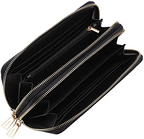 B BRENTANO Vegan Leather Double Zipper Pocket Wallet with Grip Hand Strap (Chevron Embroidered Black)
