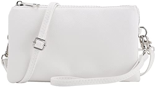 B BRENTANO Vegan Leather Multi-Pocket Interchangeable Crossbody Purse to Clutch with Card Slots, Removable Wristlet Strap and Adjustable Shoulder Strap (White Silver)