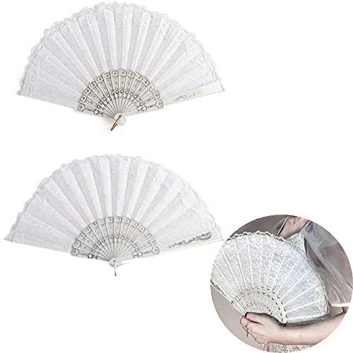 GOESUP 2 Pack White lace Folding Fan Japanese Chinese Handheld Fans for Bridal Dancing Props Church Wedding Gift Party Favors