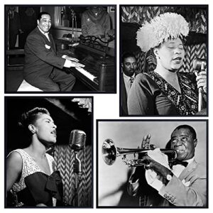 LARGE 11X14 - African American Wall Art - Vintage Photo Set - Black History Wall Decor Posters - Billie Holiday, Ella Fitzgerald, Duke Ellington, Louis Armstrong - Famous Jazz Music Musicians Gifts