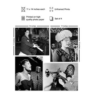 LARGE 11X14 - African American Wall Art - Vintage Photo Set - Black History Wall Decor Posters - Billie Holiday, Ella Fitzgerald, Duke Ellington, Louis Armstrong - Famous Jazz Music Musicians Gifts