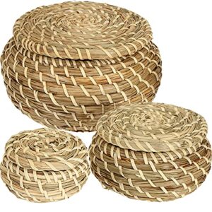 dicunoy set of 3 small wicker basket with lid, round woven seagrass baskets, little handmade rattan storage basket box for shelf, home, bathroom decor