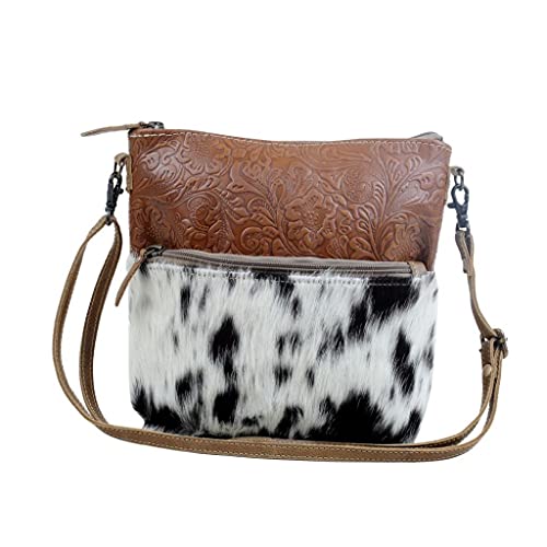 Myra Bag Engraved Crossbody Bag Upcycled Cowhide & Leather S-2877